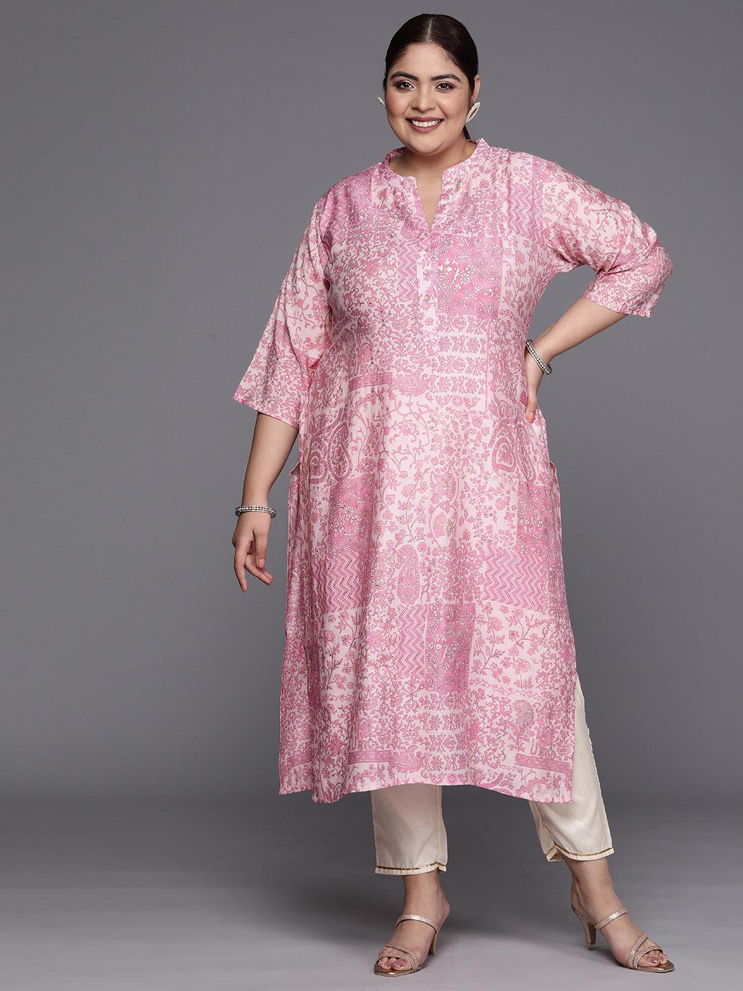 Plus Size Pink Printed Silk Straight Kurta - ShopLibas