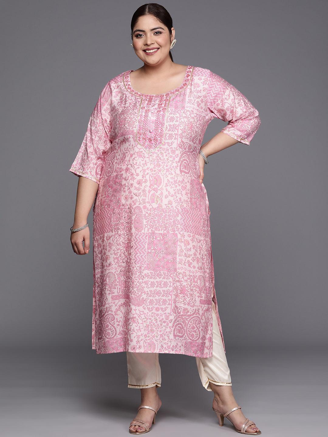 Plus Size Pink Printed Silk Straight Kurta - ShopLibas