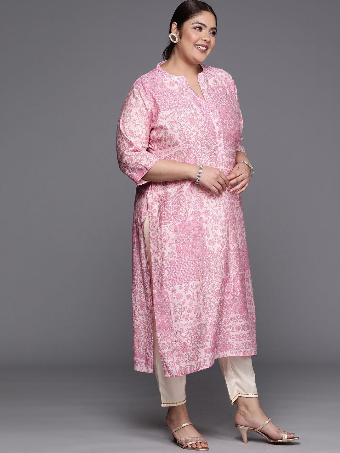 Plus Size Pink Printed Silk Straight Kurta - ShopLibas 