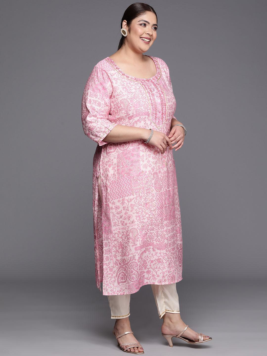 Plus Size Pink Printed Silk Straight Kurta - ShopLibas 