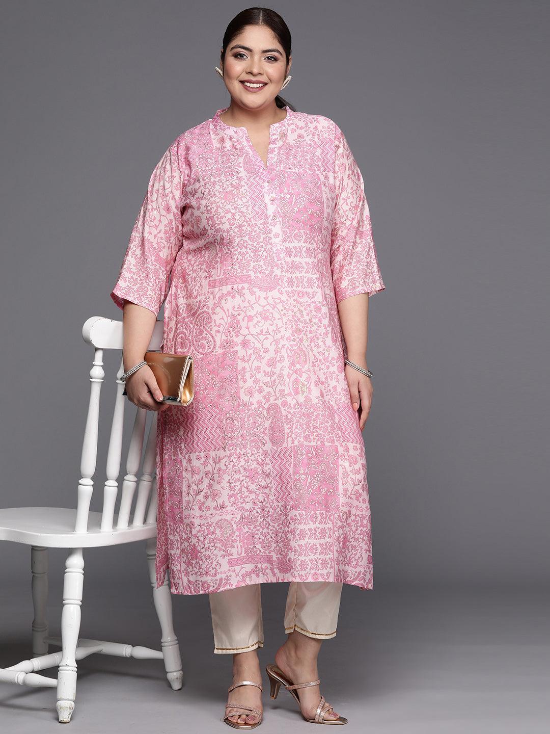 Plus Size Pink Printed Silk Straight Kurta - ShopLibas 