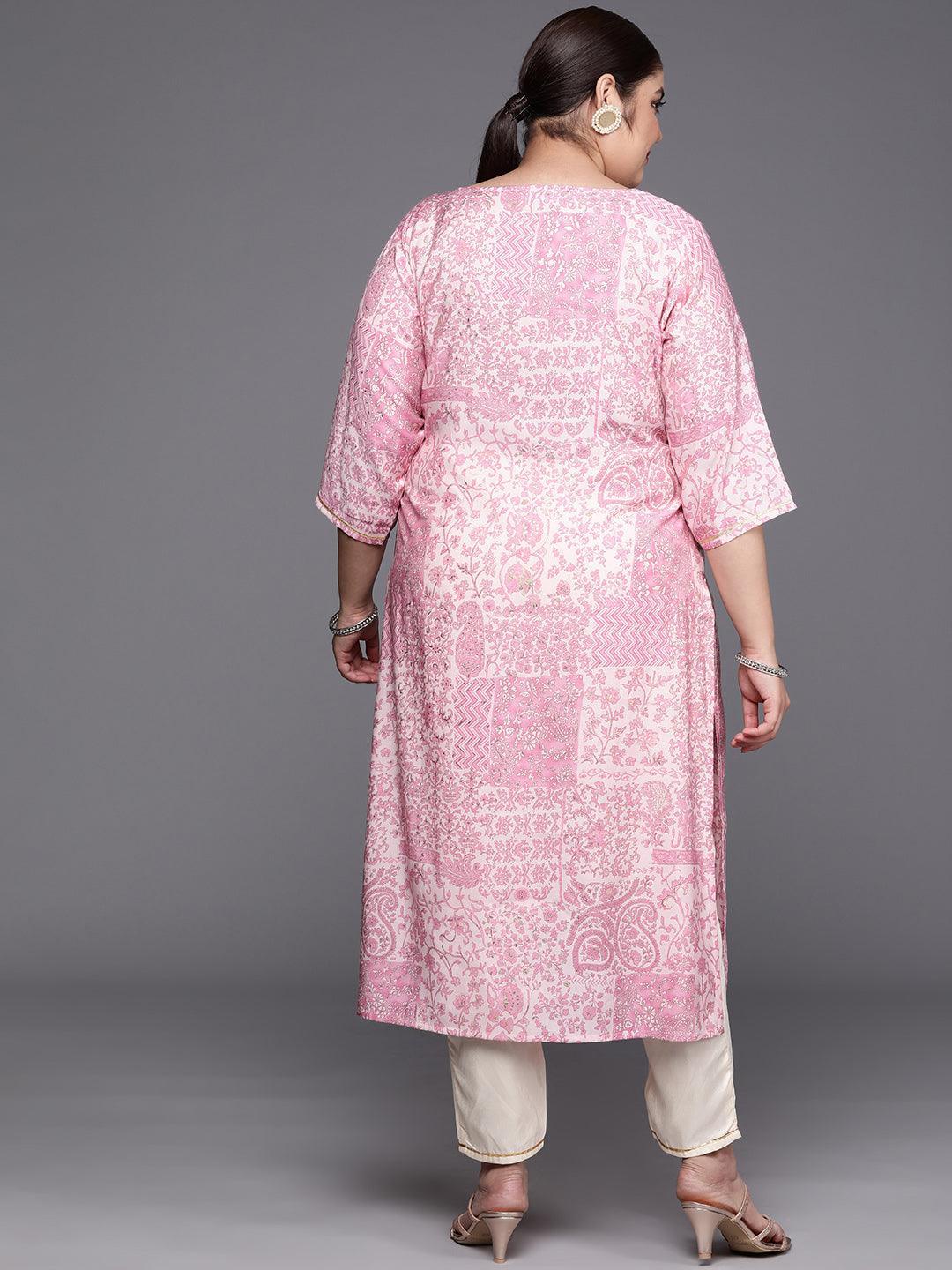 Plus Size Pink Printed Silk Straight Kurta - ShopLibas 