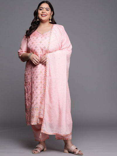 Plus Size Pink Woven Design Silk Blend Suit Set - ShopLibas
