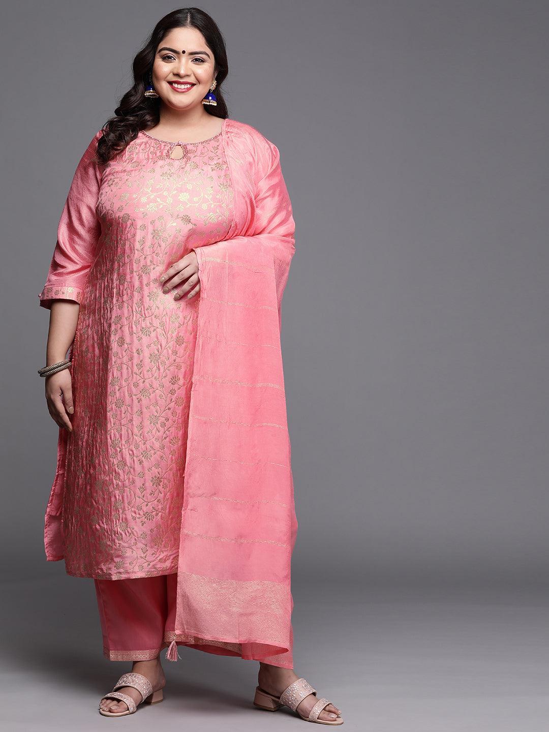 Plus Size Pink Woven Design Silk Blend Suit Set - ShopLibas