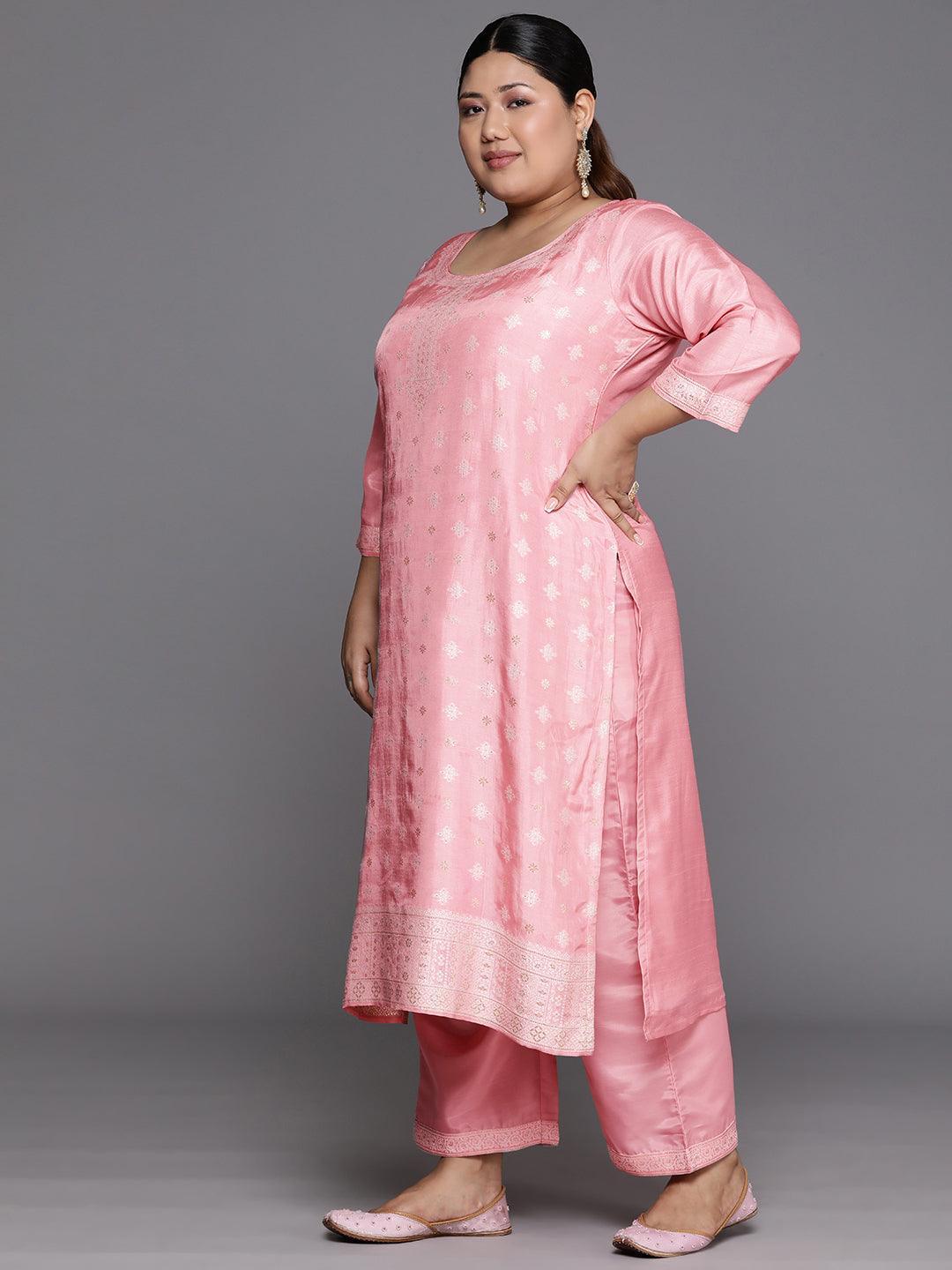 Plus Size Pink Woven Design Silk Blend Straight Suit Set - Libas 