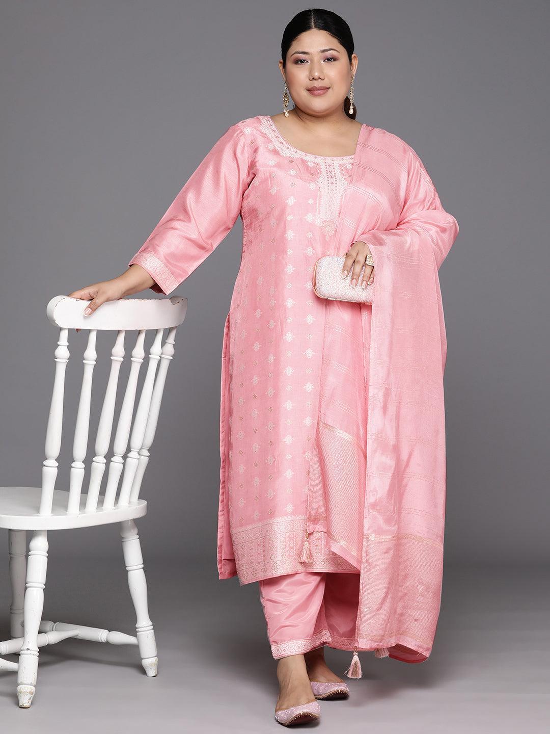 Plus Size Pink Woven Design Silk Blend Straight Suit Set - Libas 