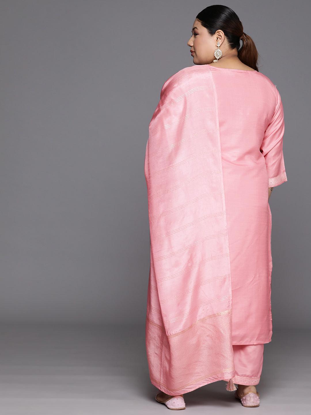 Plus Size Pink Woven Design Silk Blend Straight Suit Set - Libas 