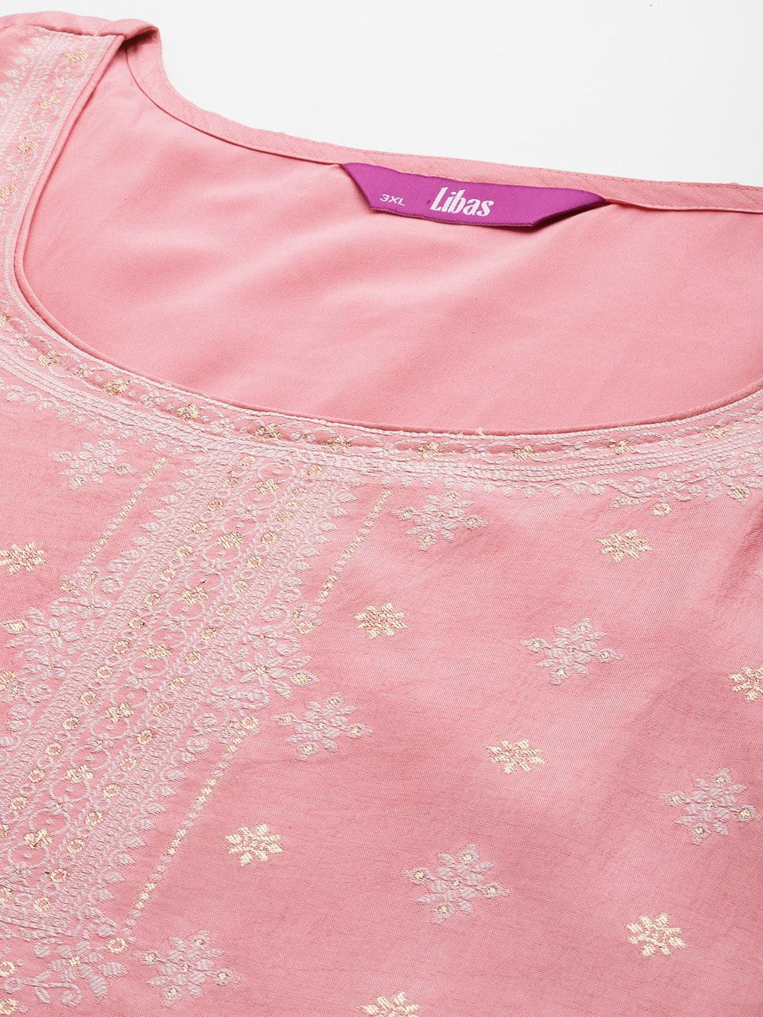 Plus Size Pink Woven Design Silk Blend Straight Suit Set - Libas 
