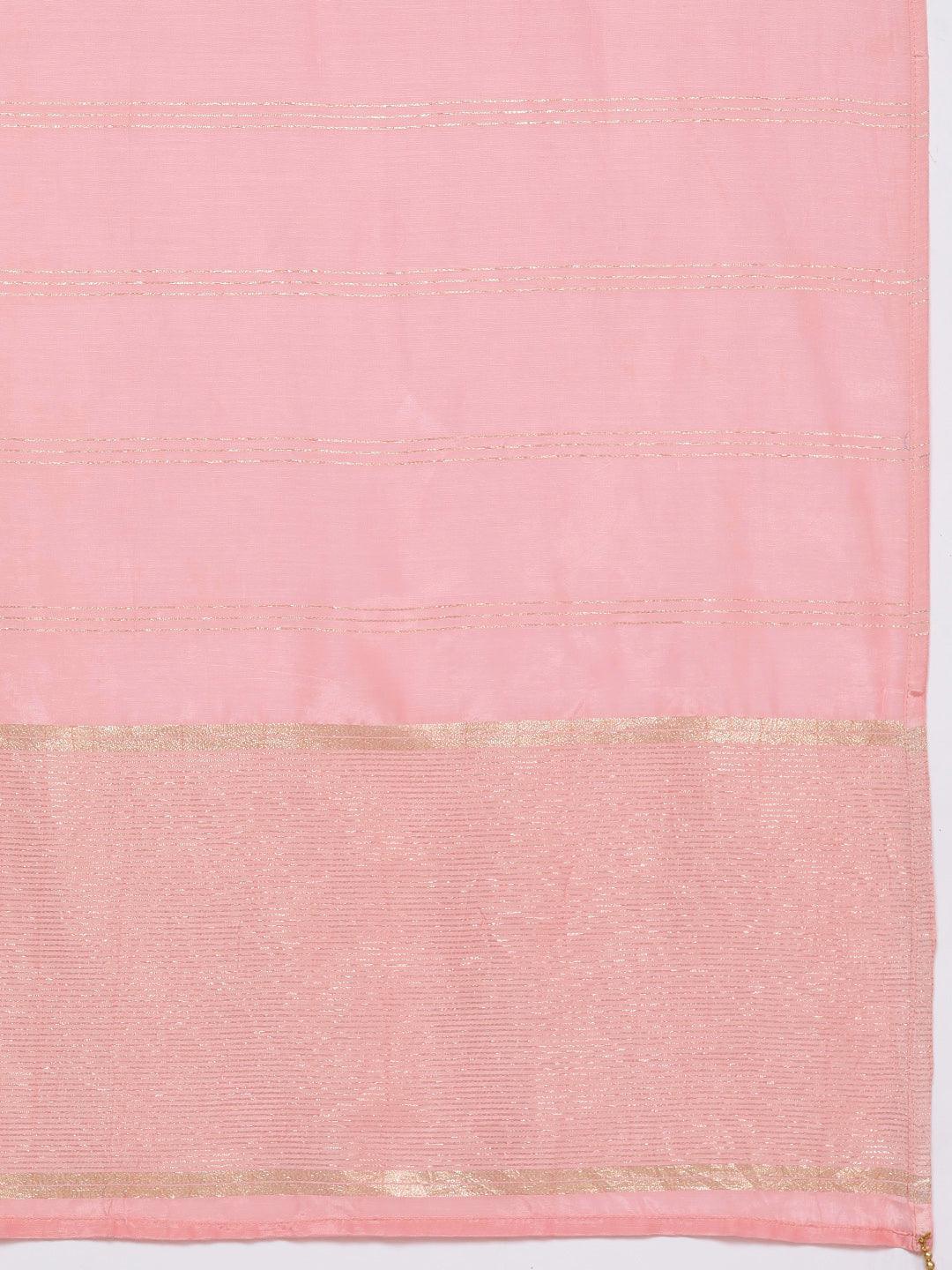 Plus Size Pink Woven Design Silk Blend Straight Suit Set - Libas 