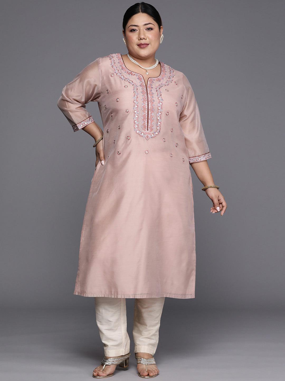 Plus Size Pink Yoke Design Chanderi Cotton Straight Kurta - ShopLibas