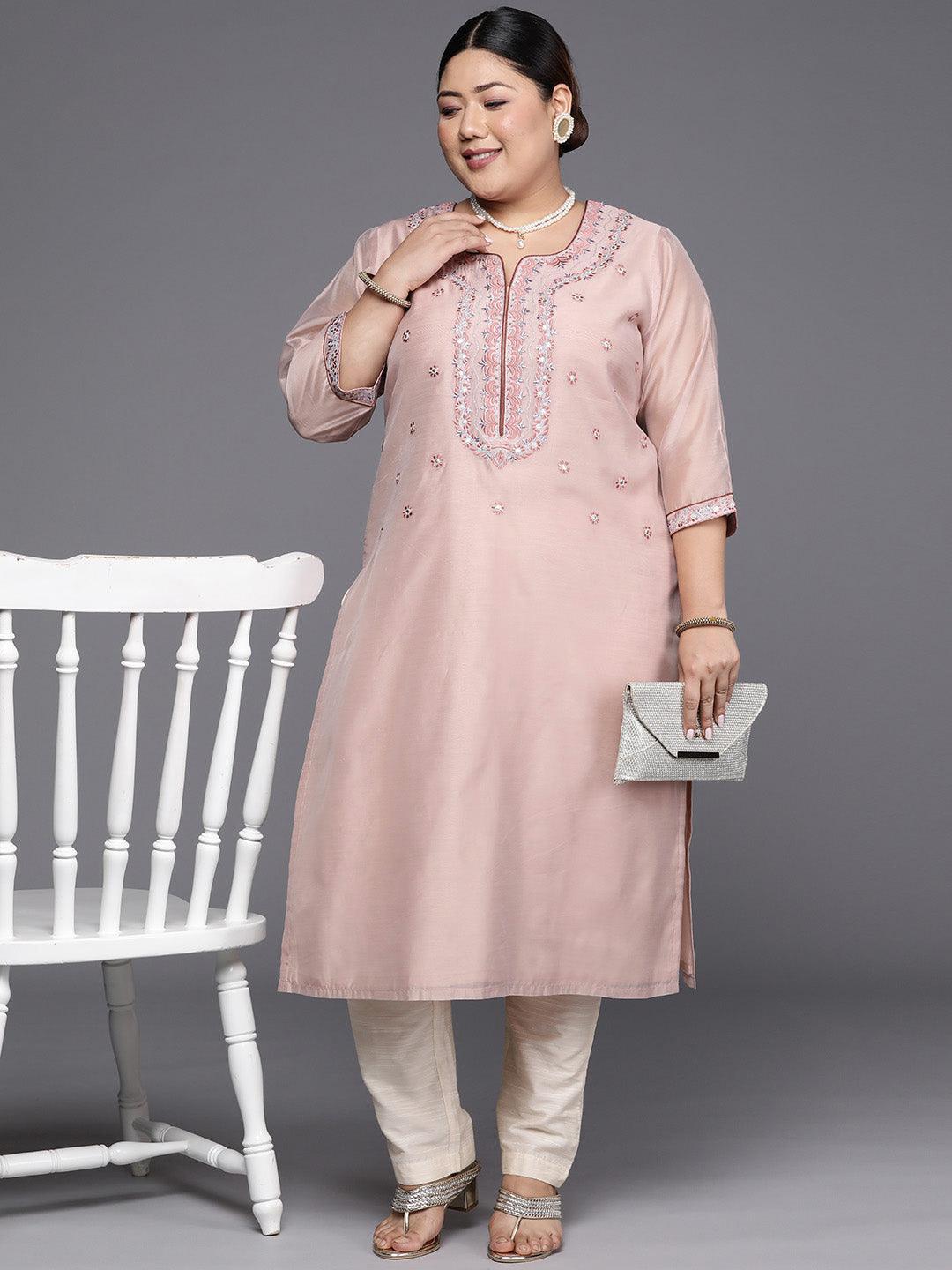 Plus Size Pink Yoke Design Chanderi Cotton Straight Kurta - ShopLibas 