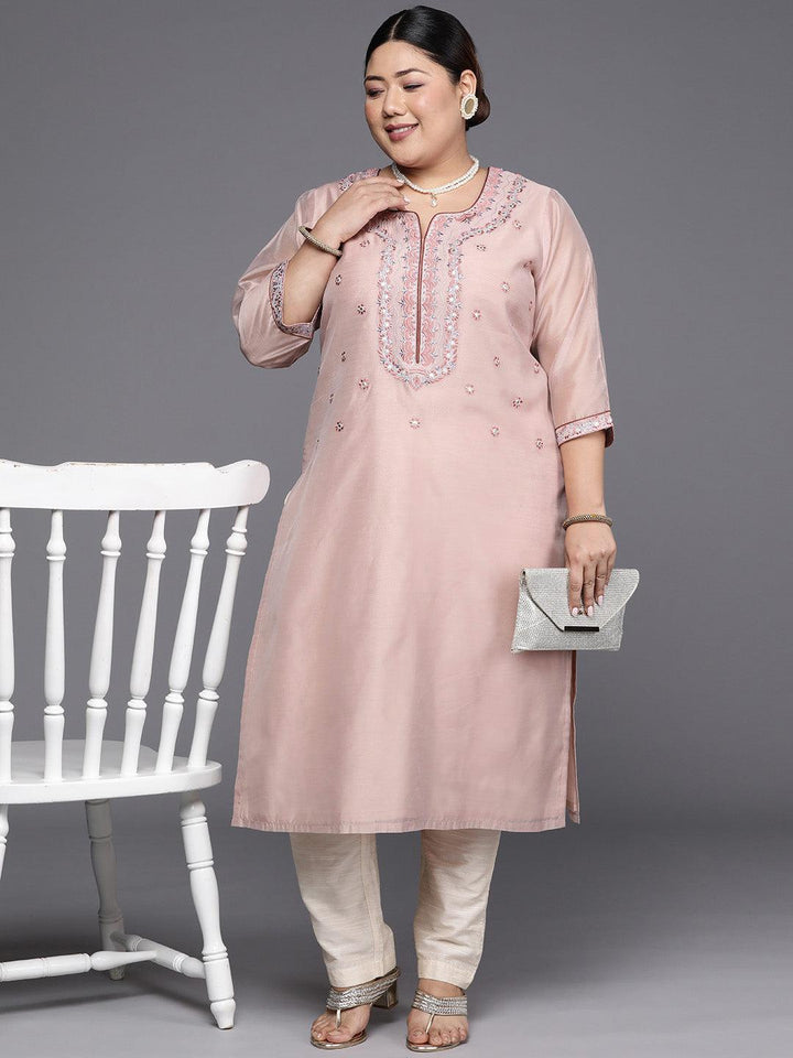 Plus Size Pink Yoke Design Chanderi Cotton Straight Kurta