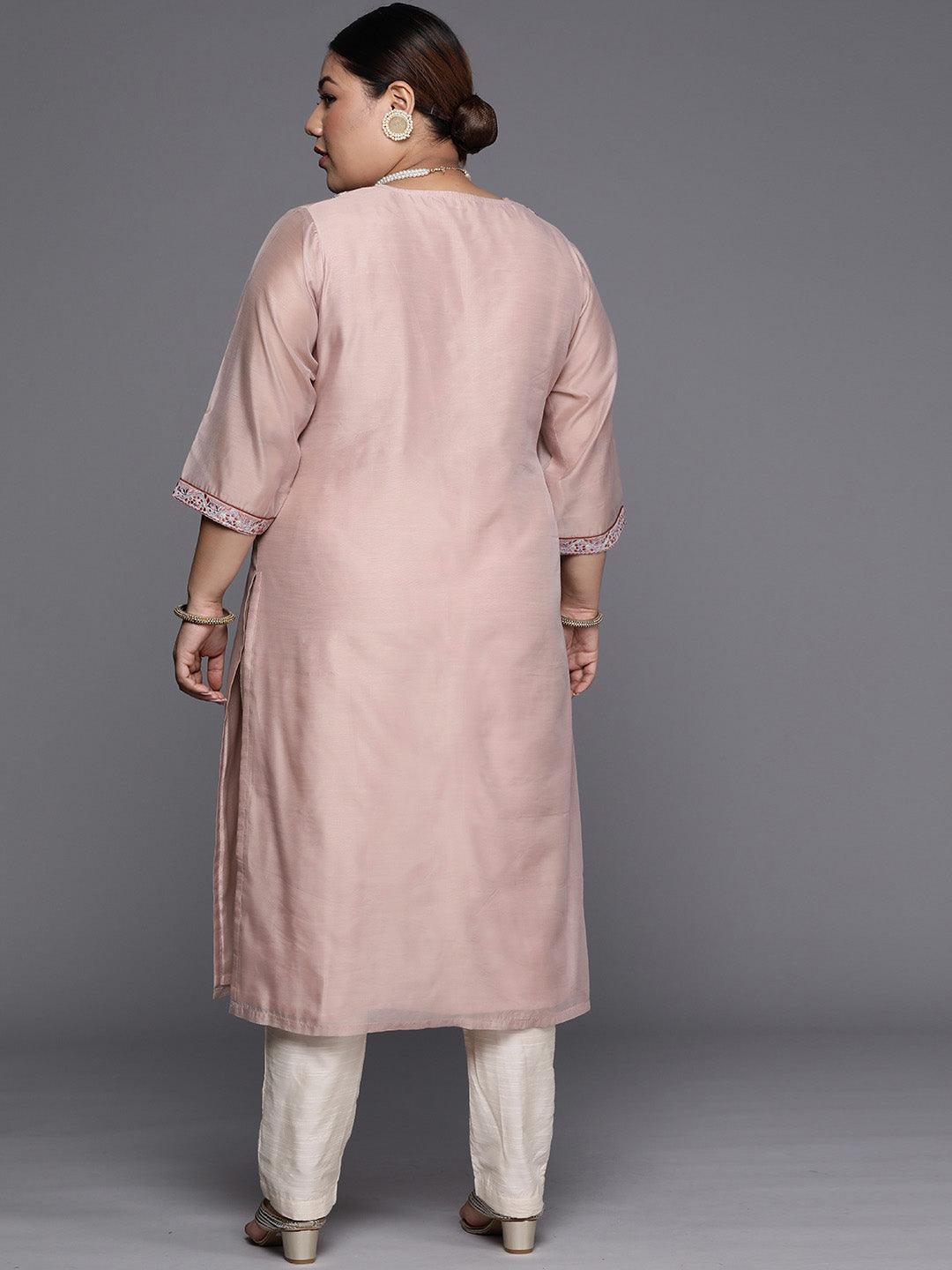 Plus Size Pink Yoke Design Chanderi Cotton Straight Kurta - ShopLibas 