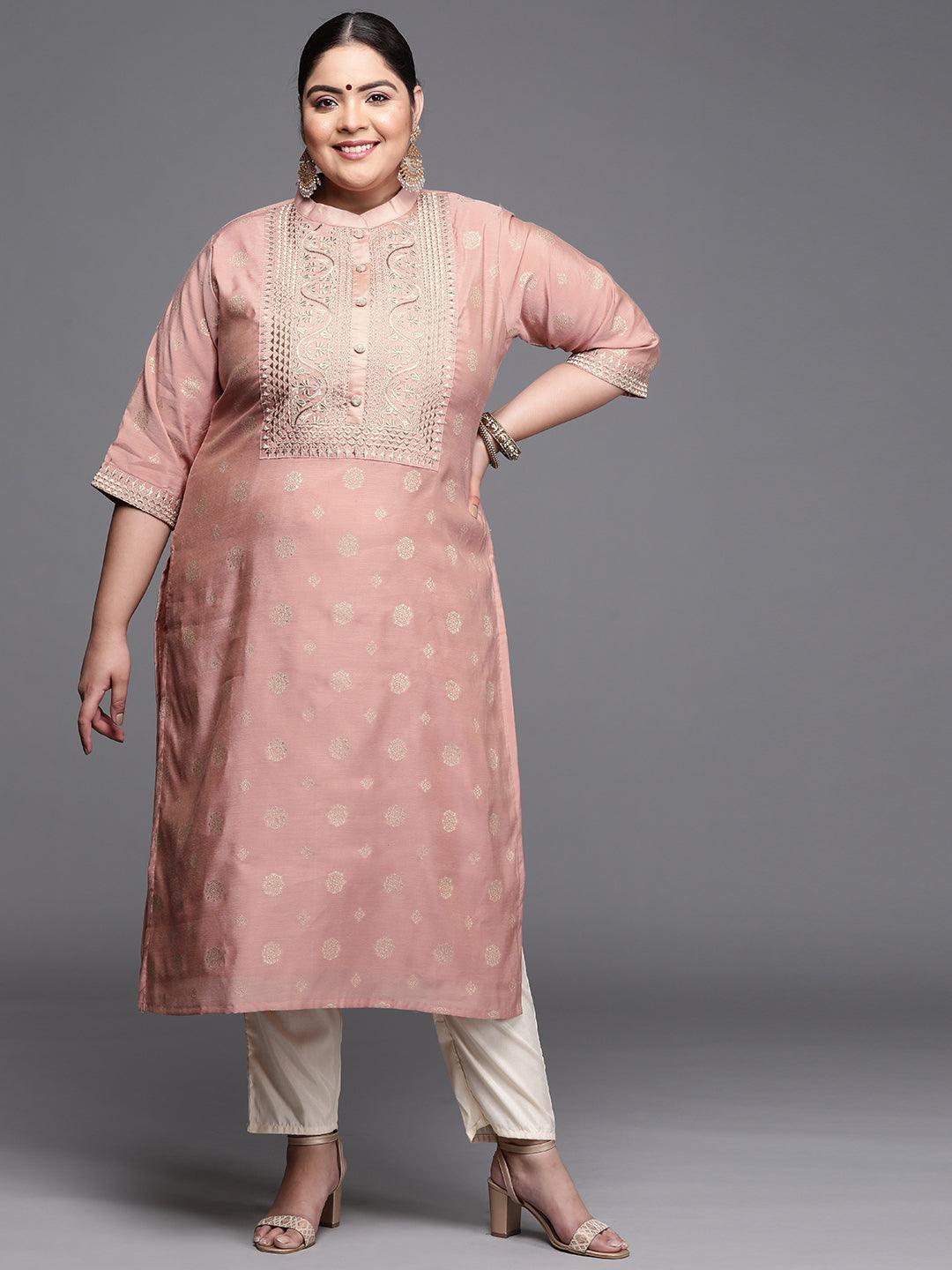 Plus Size Pink Yoke Design Chanderi Silk Kurta - ShopLibas