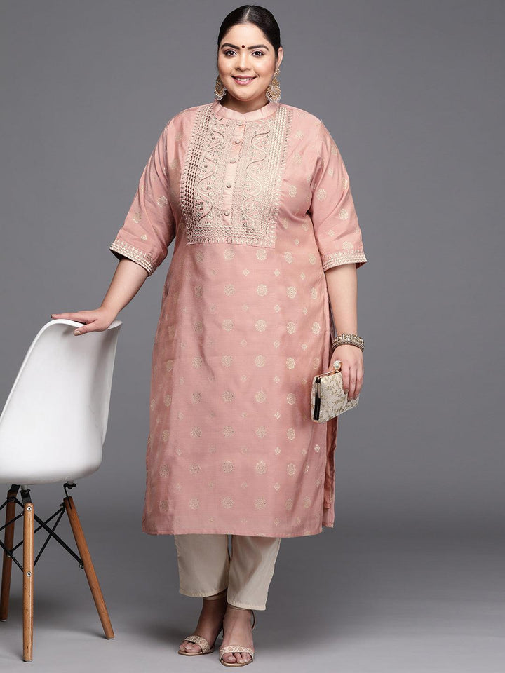 Plus Size Pink Yoke Design Chanderi Silk Kurta - ShopLibas