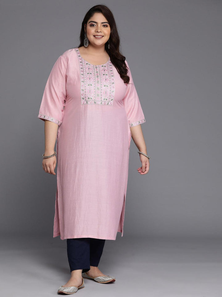 Plus Size Pink Yoke Design Silk Straight Kurta