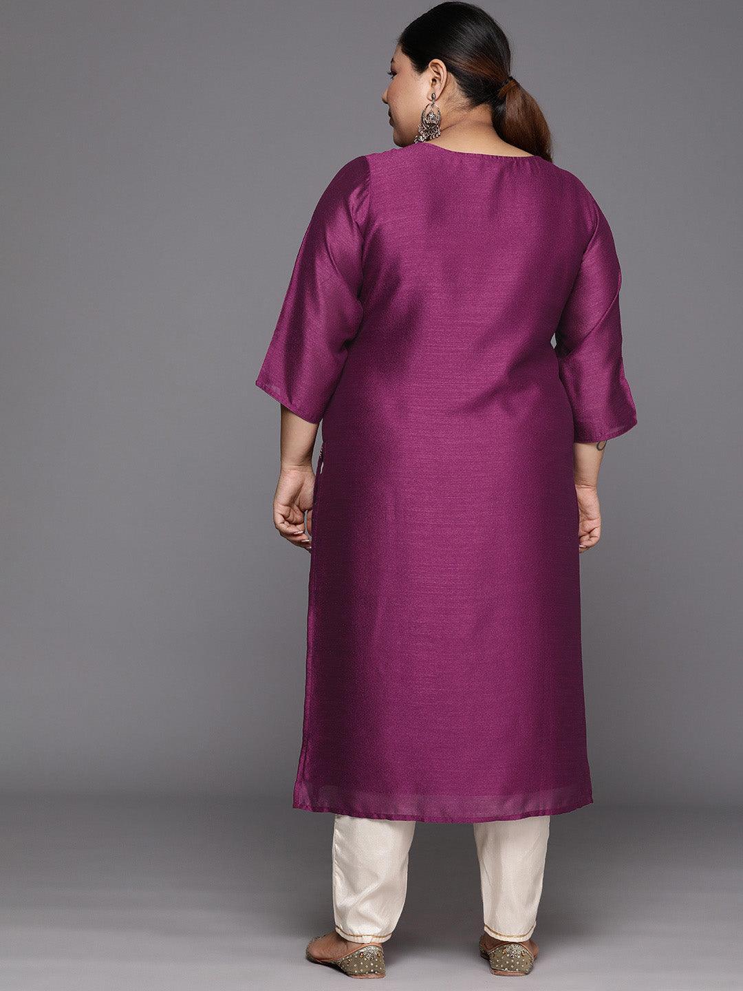 Plus Size Purple Embroidered Silk Straight Kurta - Libas 