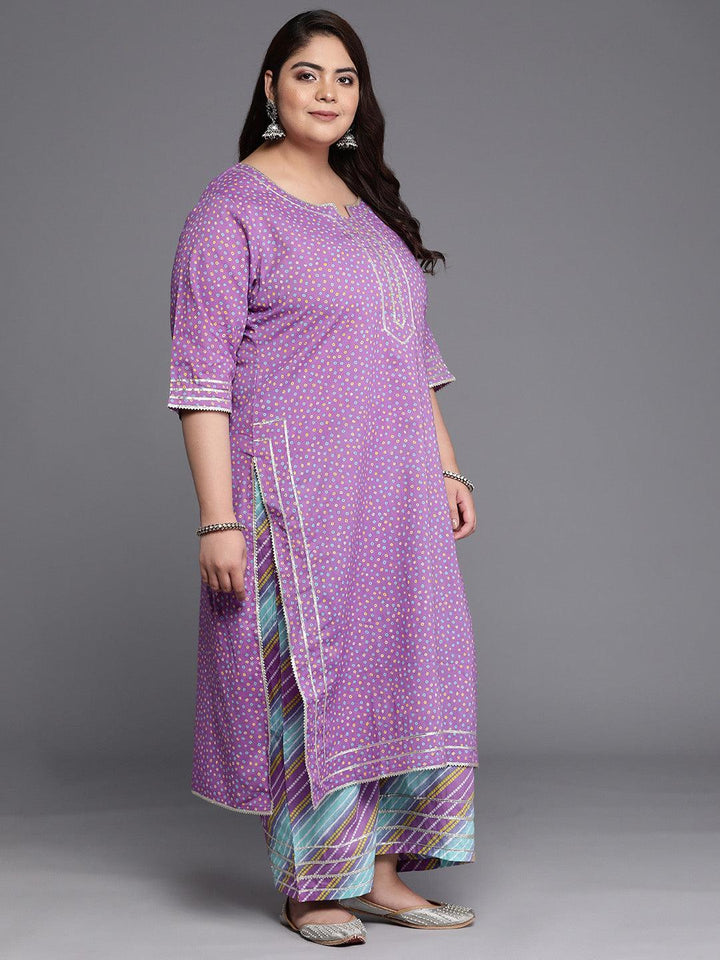 Plus Size Purple Printed Cotton Straight Kurta With Palazzos & Dupatta