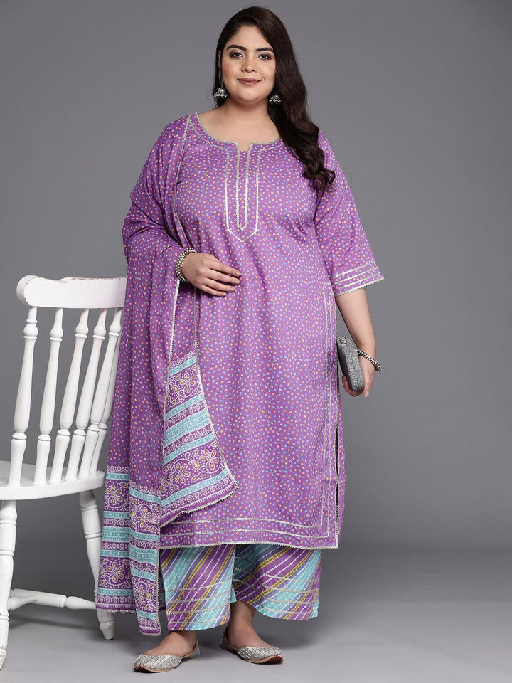 Plus Size Purple Printed Cotton Straight Kurta With Palazzos & Dupatta