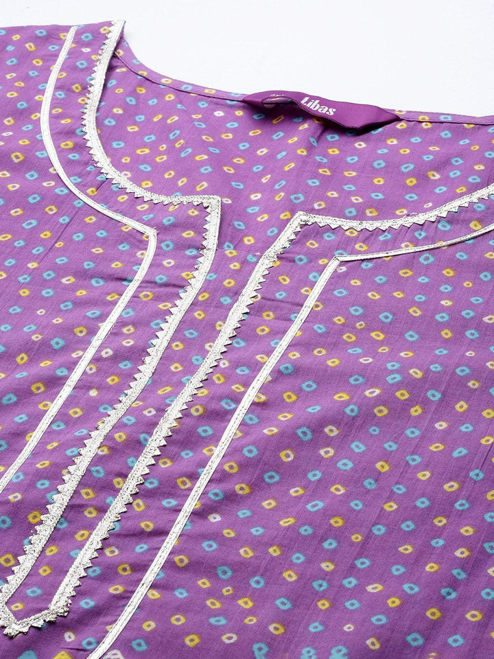 Plus Size Purple Printed Cotton Straight Kurta With Palazzos & Dupatta