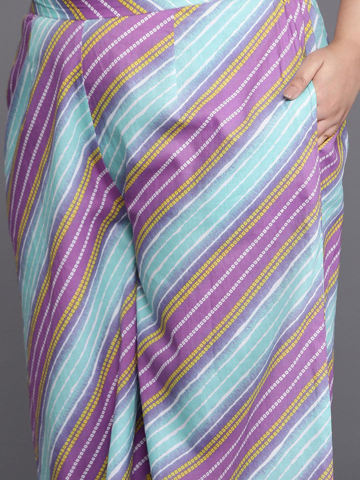 Plus Size Purple Printed Cotton Straight Kurta With Palazzos & Dupatta