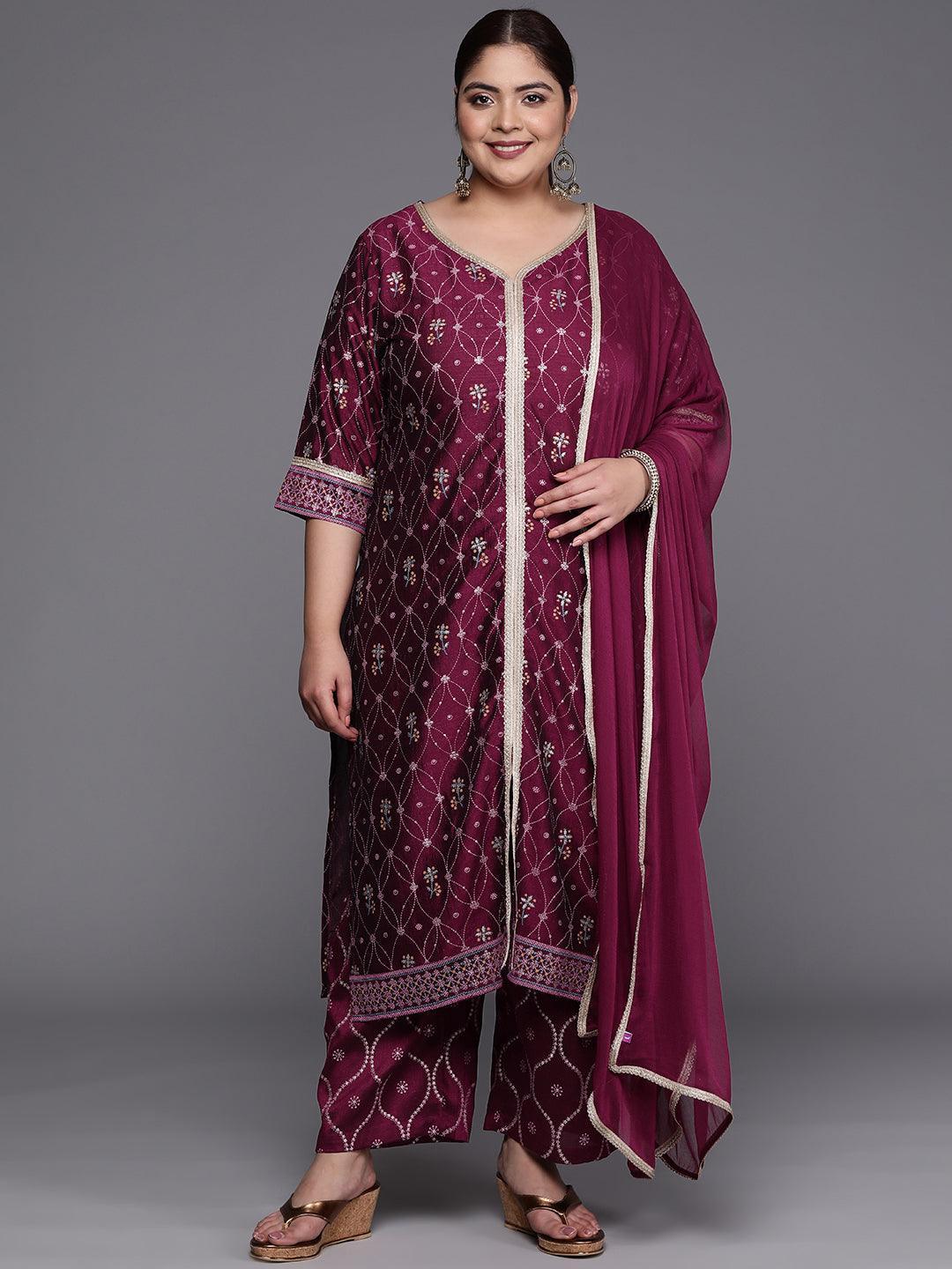 Plus Size Purple Printed Silk Blend Straight Suit Set - ShopLibas