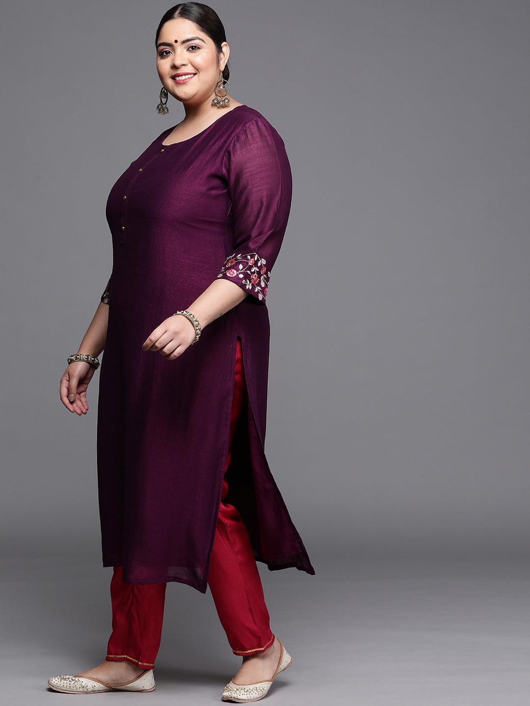 Plus Size Purple Solid Silk Kurta - ShopLibas