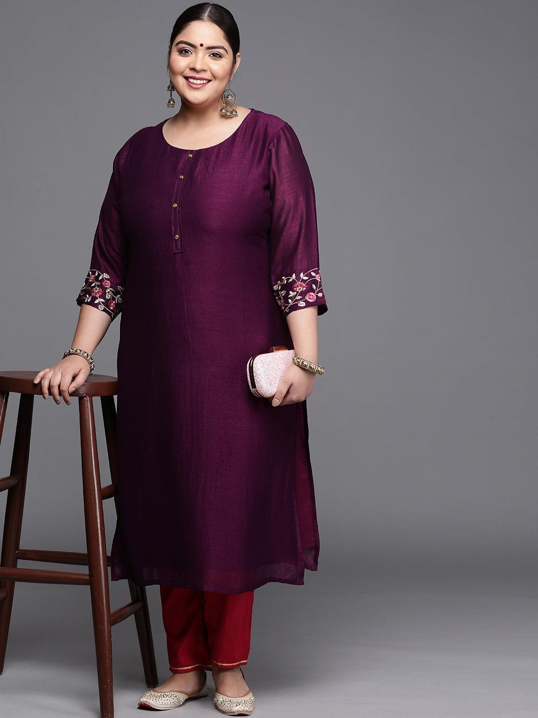 Plus Size Purple Solid Silk Kurta - ShopLibas