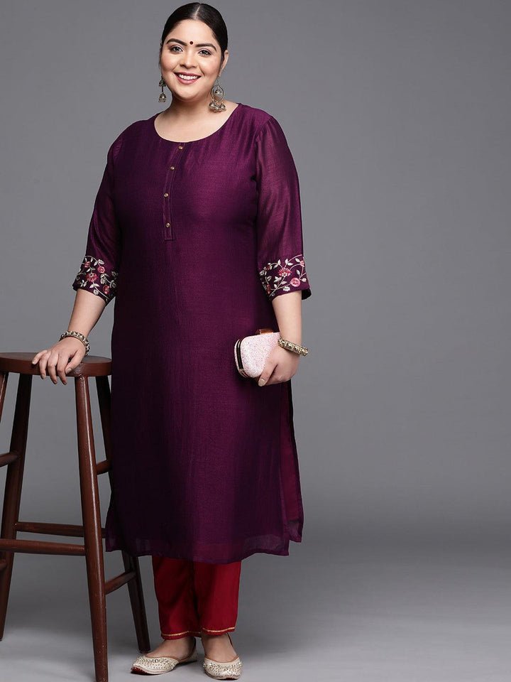 Plus Size Purple Solid Silk Kurta - ShopLibas