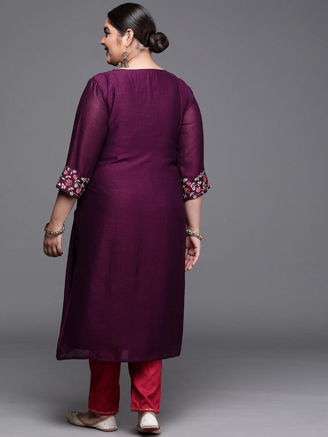 Plus Size Purple Solid Silk Kurta - ShopLibas