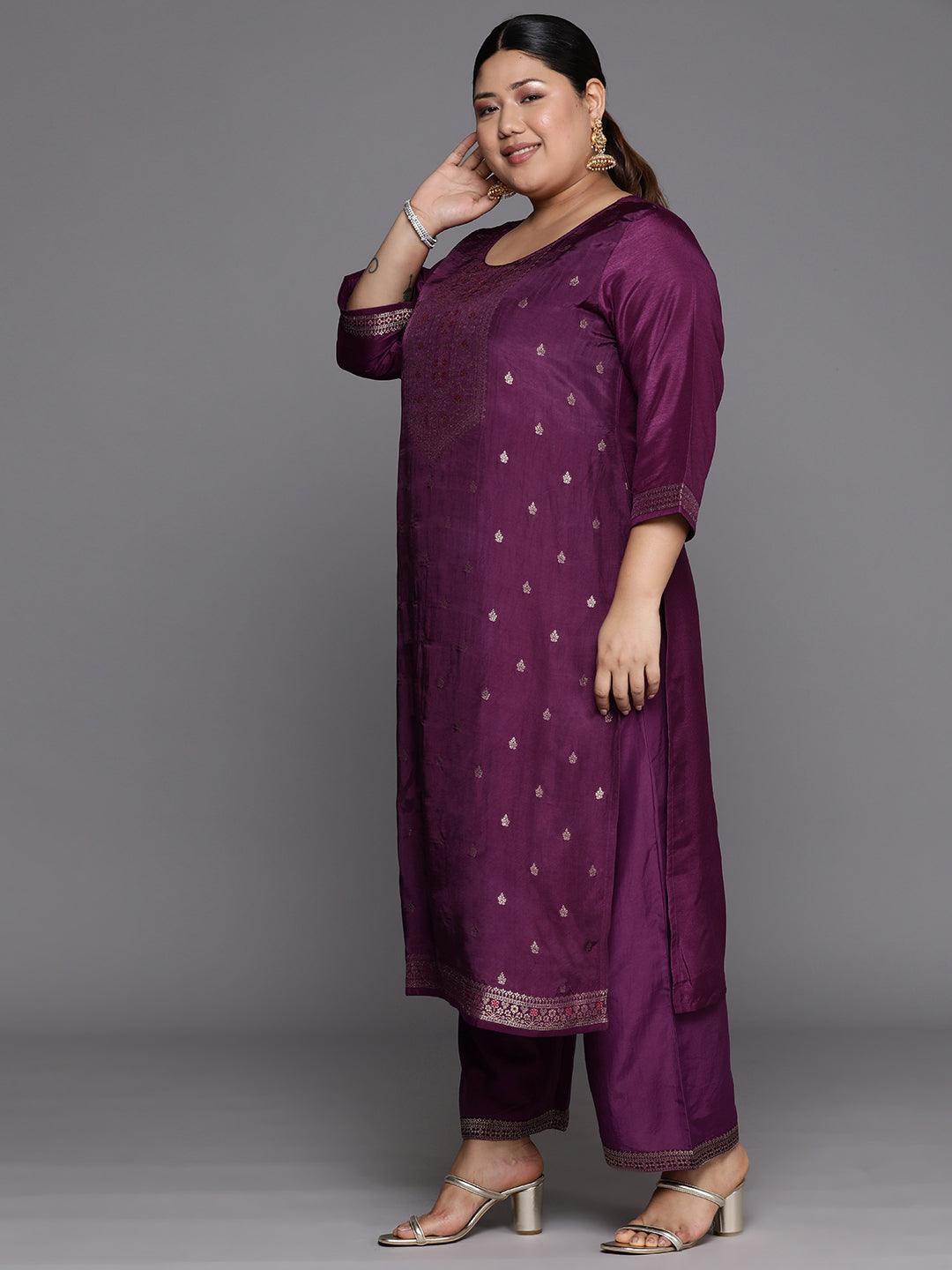 Plus Size Purple Woven Design Silk Blend Straight Suit Set - Libas 