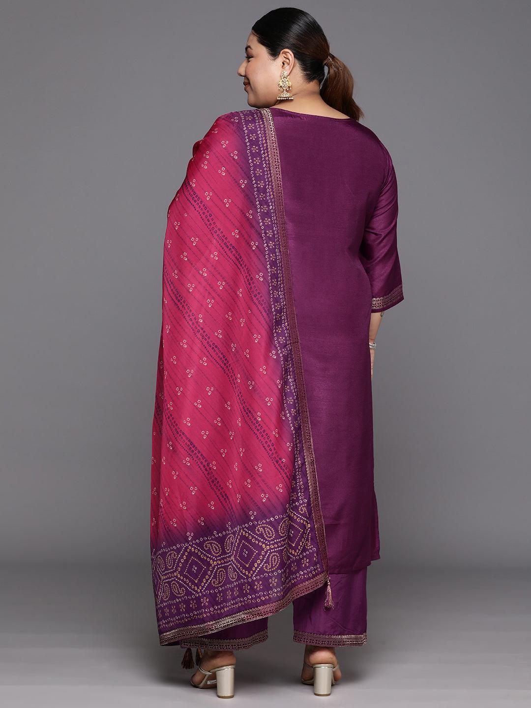 Plus Size Purple Woven Design Silk Blend Straight Suit Set - Libas 
