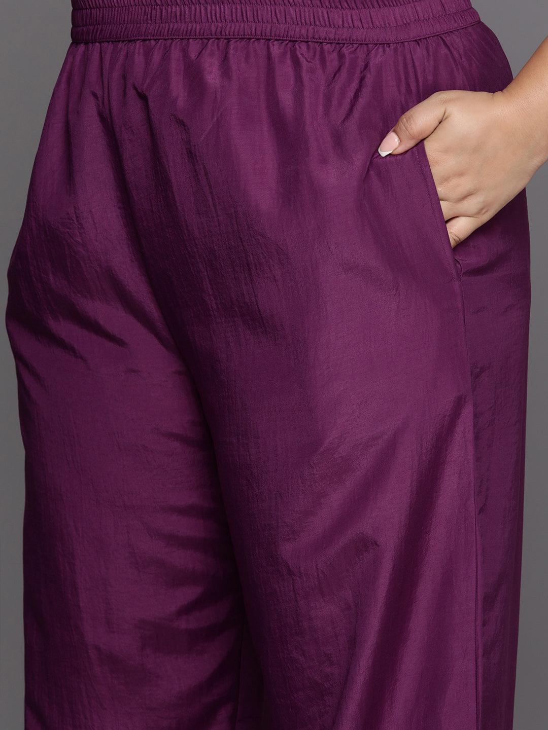 Plus Size Purple Woven Design Silk Blend Straight Suit Set - Libas 