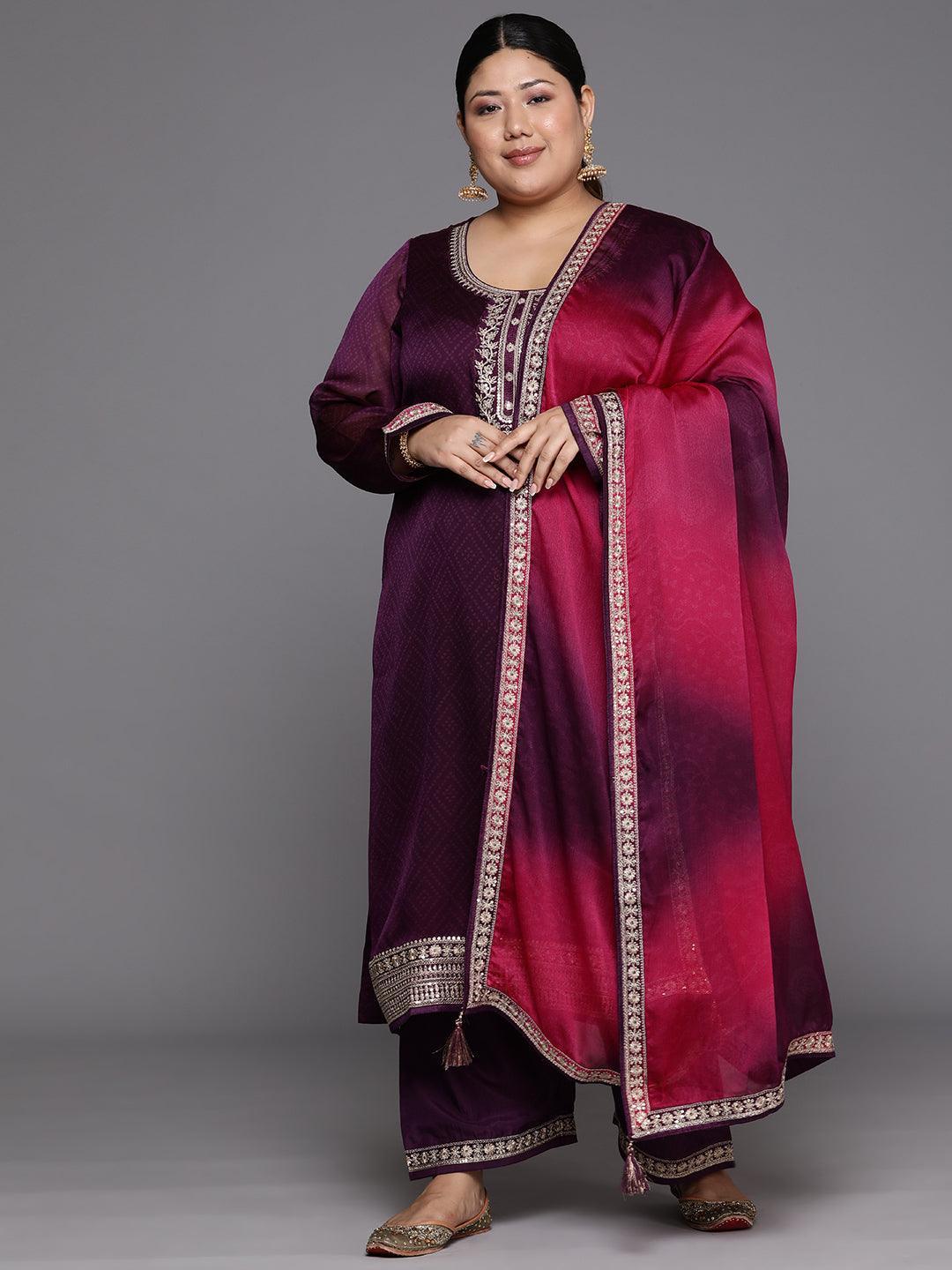 Plus Size Purple Yoke Design Chiffon Straight Suit Set - Libas