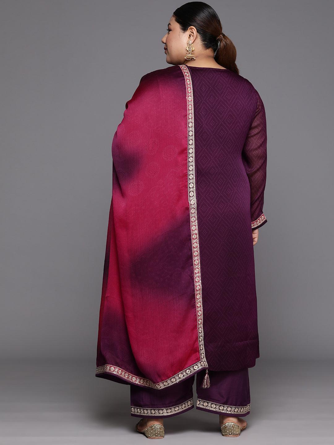 Plus Size Purple Yoke Design Chiffon Straight Suit Set - Libas 