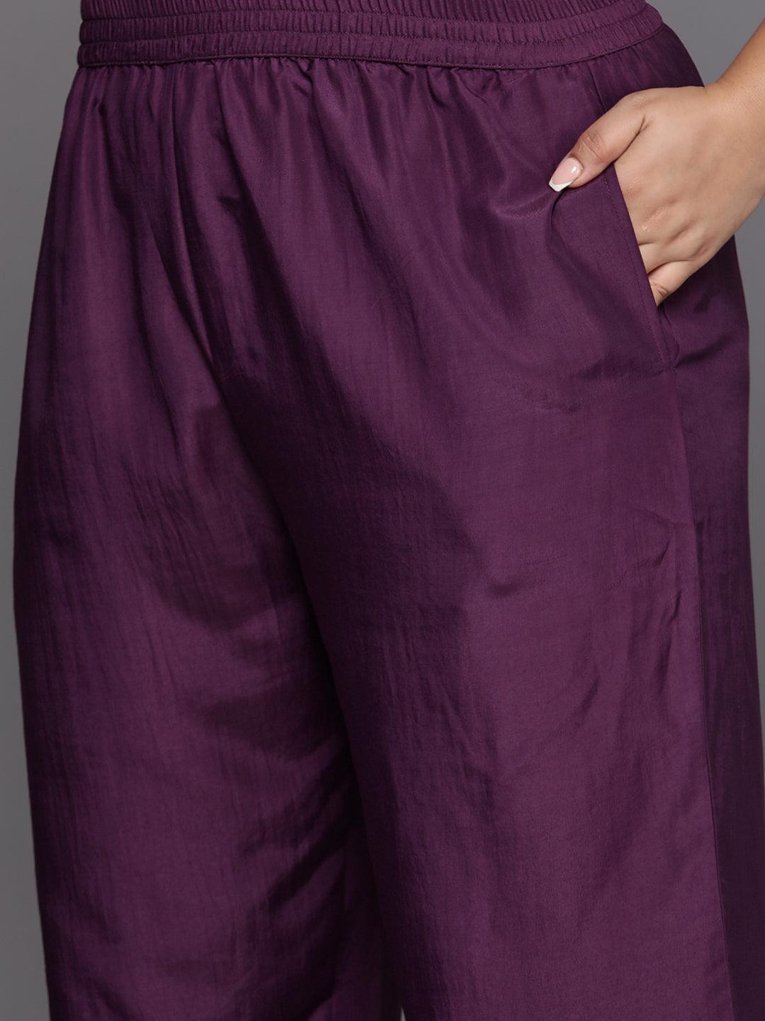 Plus Size Purple Yoke Design Chiffon Straight Suit Set - Libas 