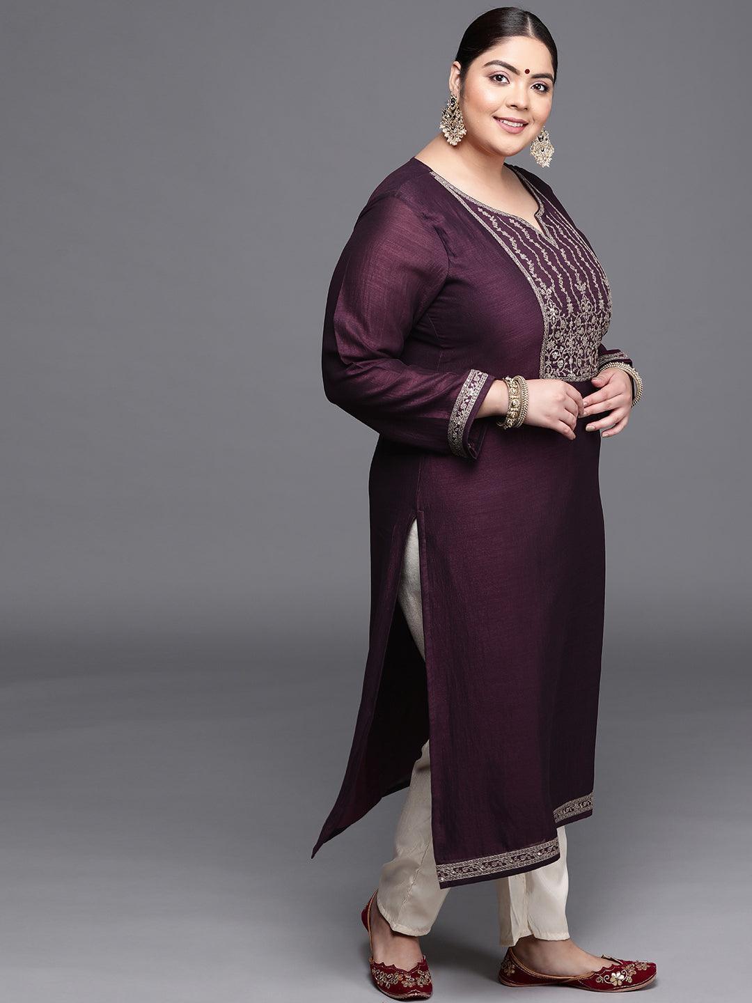 Plus Size Purple Yoke Design Silk Kurta - ShopLibas 