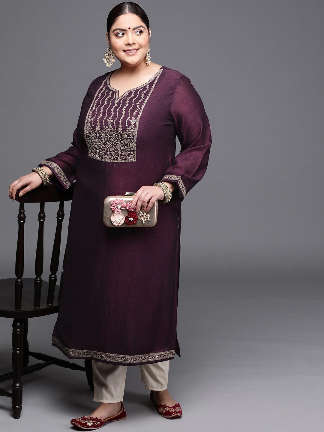 Plus Size Purple Yoke Design Silk Kurta - ShopLibas 