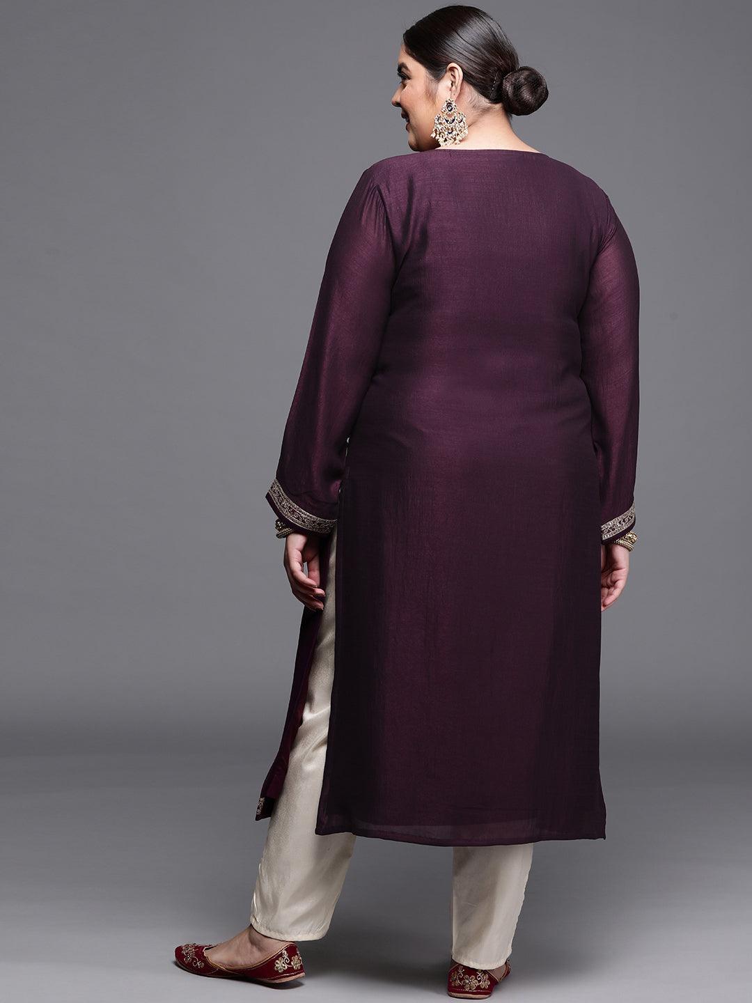 Plus Size Purple Yoke Design Silk Kurta - ShopLibas 