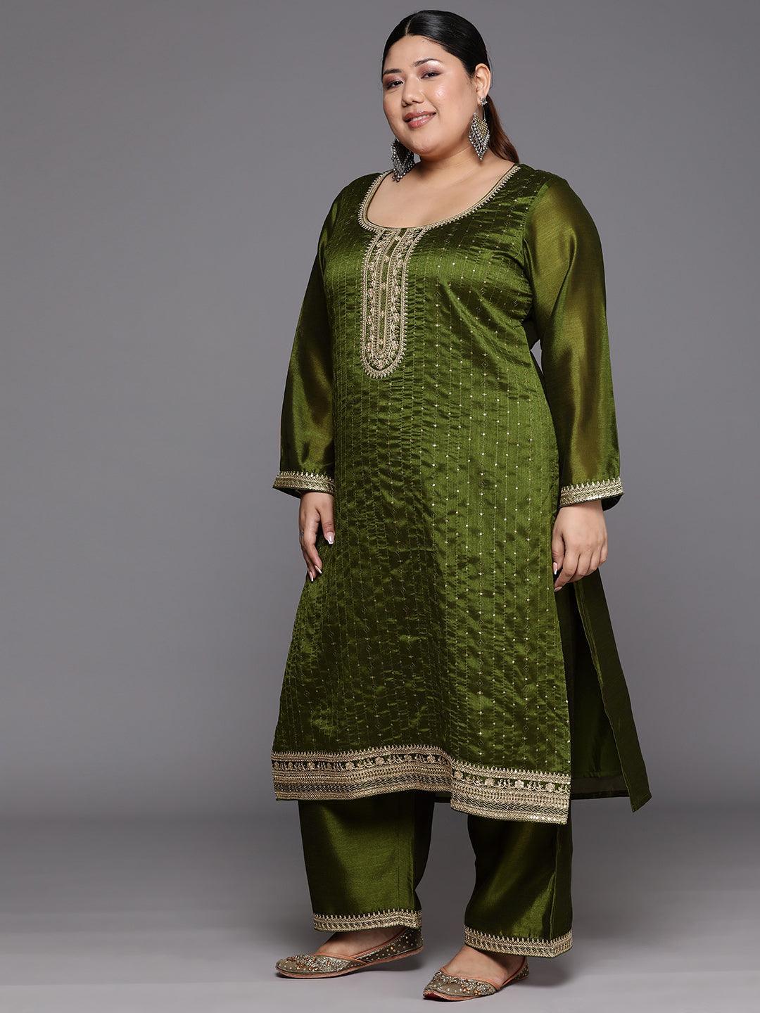 Plus Size Olive Embroidered Silk Blend Straight Suit Set - Libas 