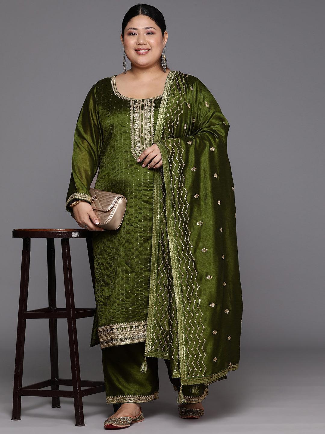Plus Size Olive Embroidered Silk Blend Straight Suit Set - Libas 