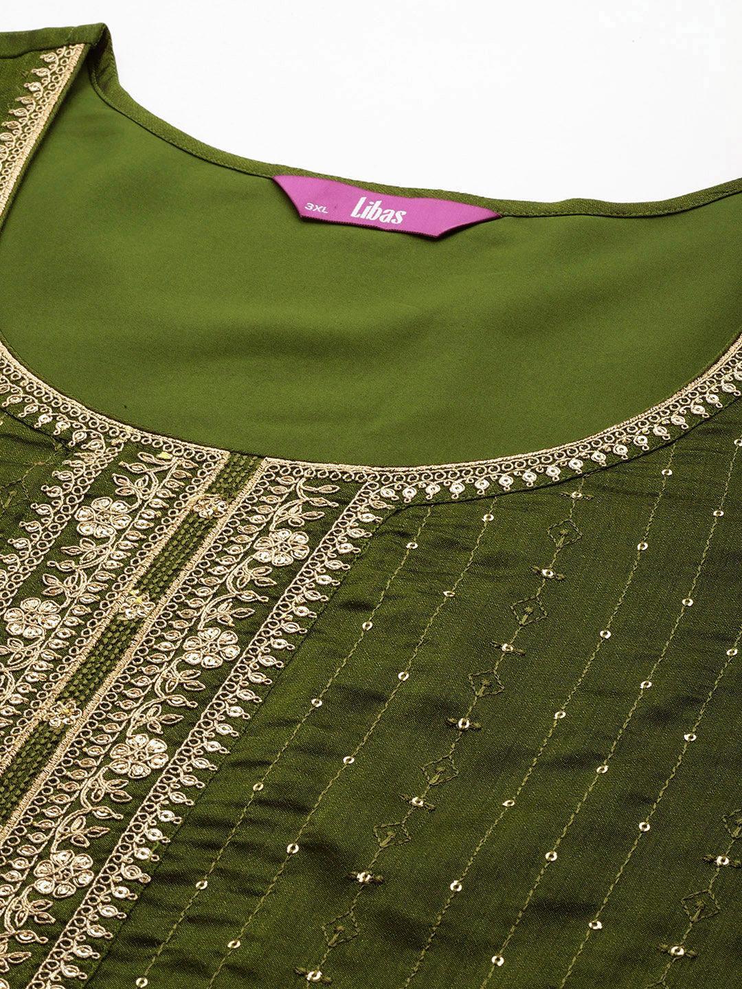 Plus Size Olive Embroidered Silk Blend Straight Suit Set - Libas 