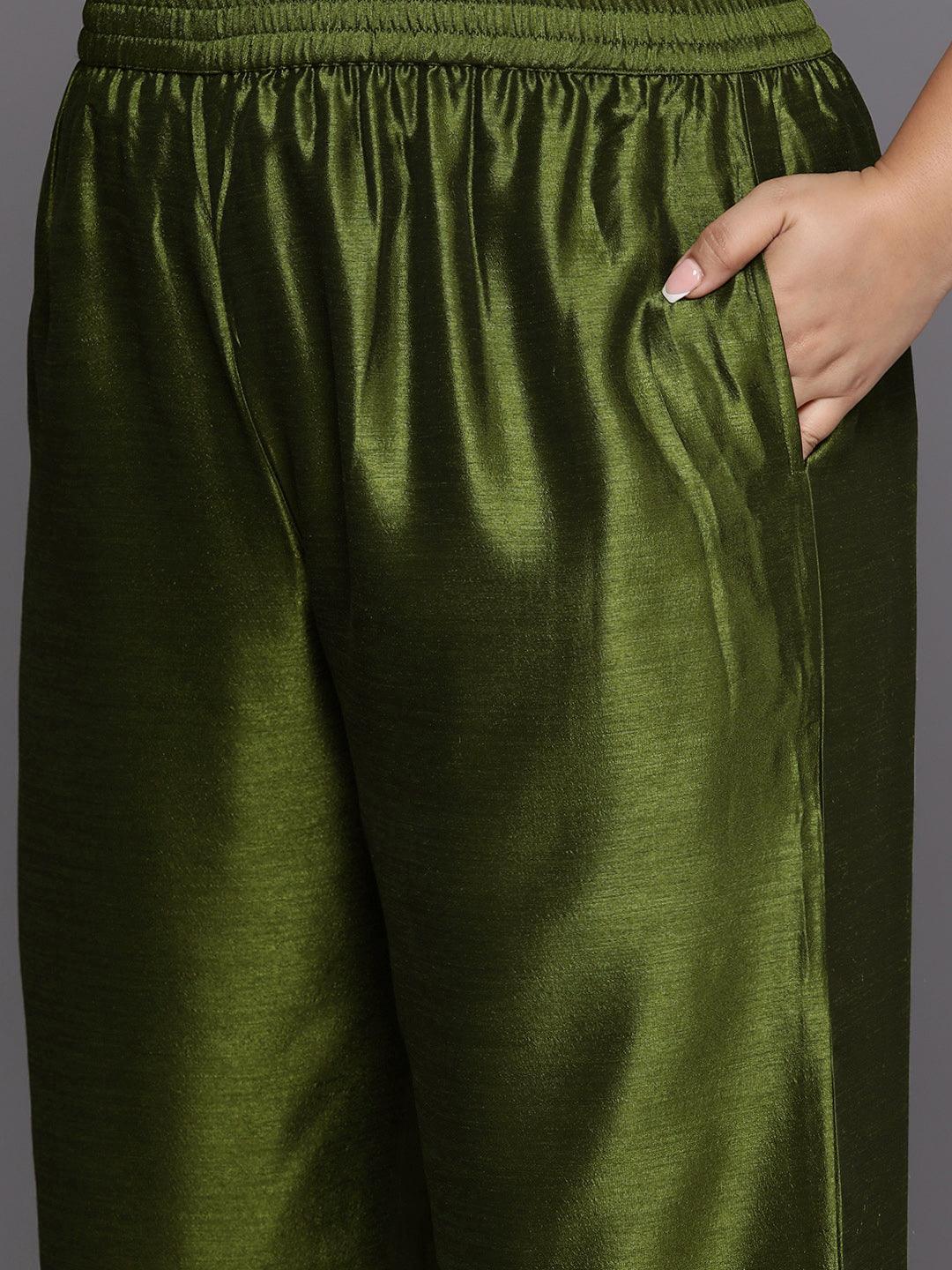 Plus Size Olive Embroidered Silk Blend Straight Suit Set - Libas 