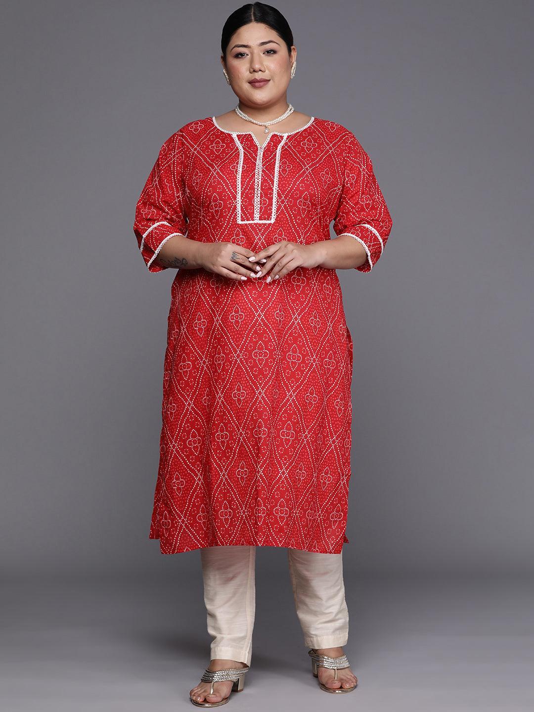 Plus Size Red Printed Cotton Straight Kurta - ShopLibas