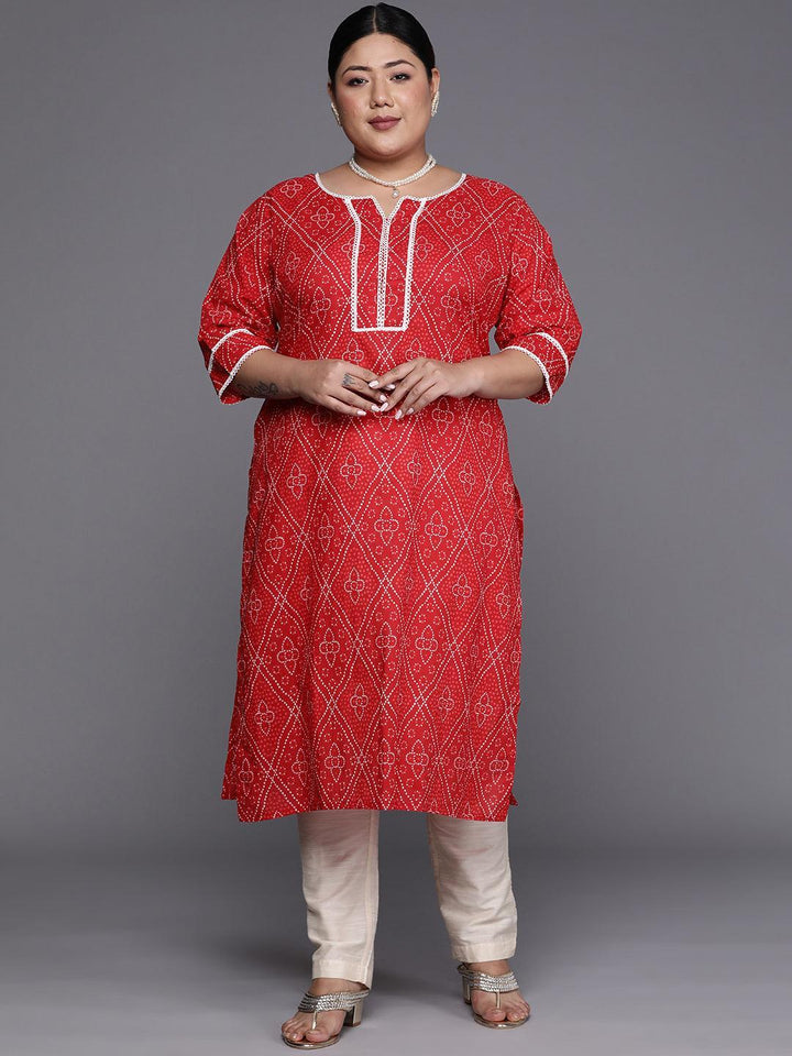 Plus Size Red Printed Cotton Straight Kurta - ShopLibas