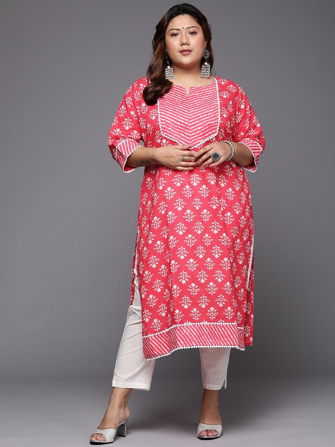 Plus Size Red Printed Cotton Straight Kurta - ShopLibas