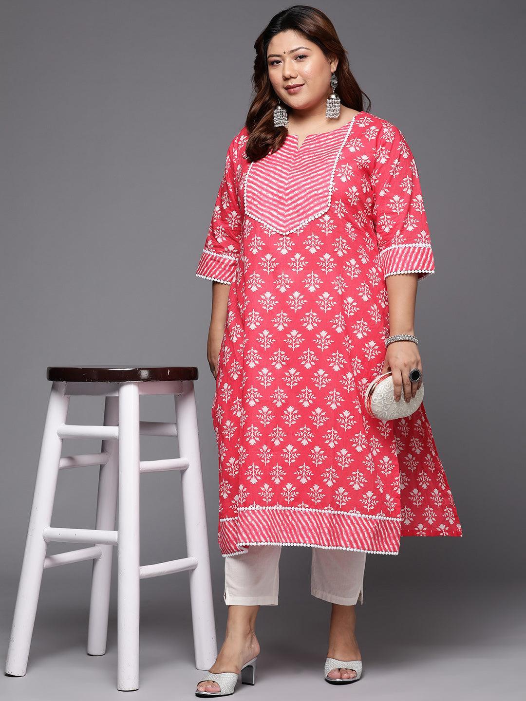 Plus Size Red Printed Cotton Straight Kurta - ShopLibas 