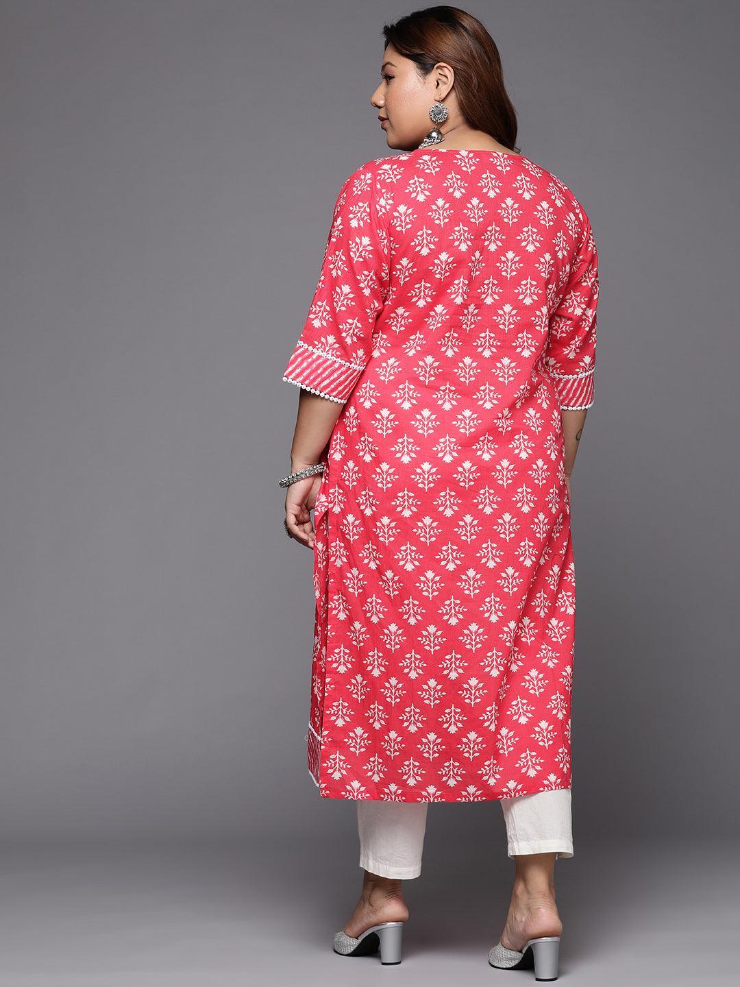 Plus Size Red Printed Cotton Straight Kurta - ShopLibas 