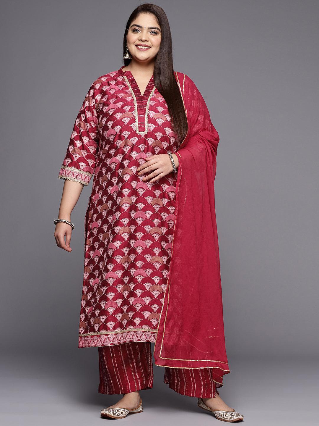 Plus Size Red Printed Silk Blend Straight Suit Set - ShopLibas