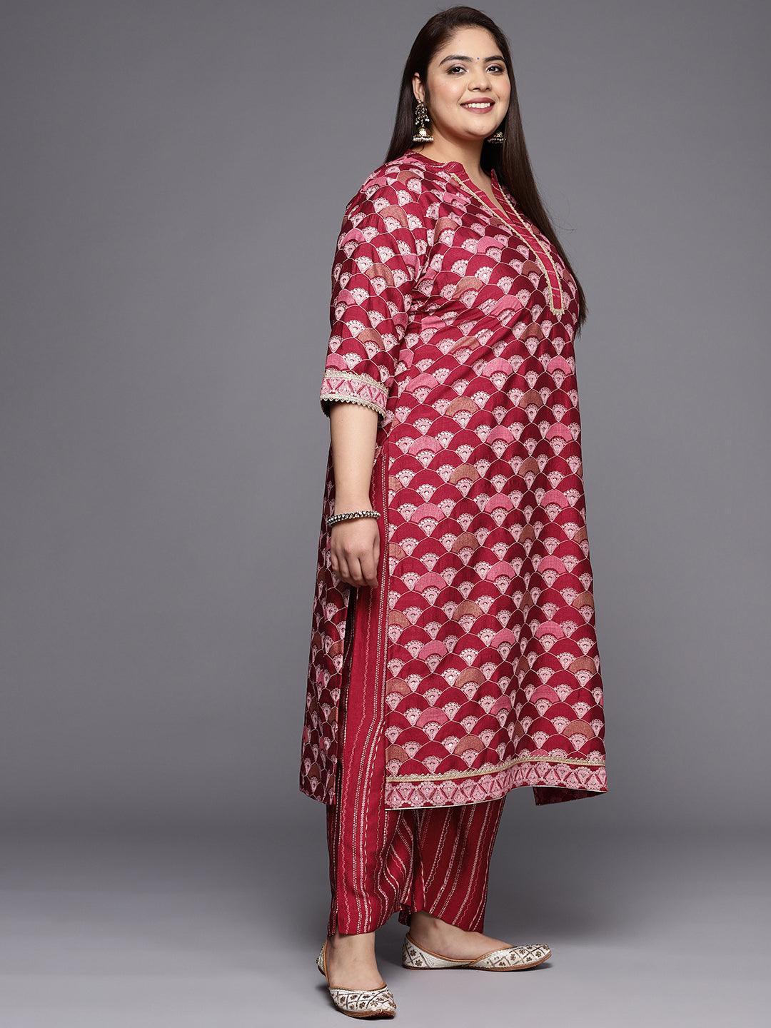 Plus Size Red Printed Silk Blend Straight Suit Set - ShopLibas 